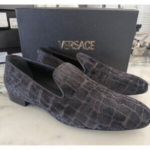 Versace 1003792 Men's Gray Velvet Croc-embossed Slippers Shoes, 44, 45, 46